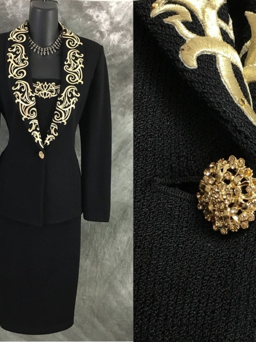 BEAUTIFUL st john evening knit black rhinestones embellished skirt suit 4
